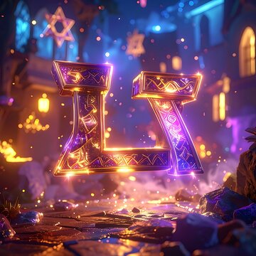 A vibrant, mystical scene with glowing Hebrew letters