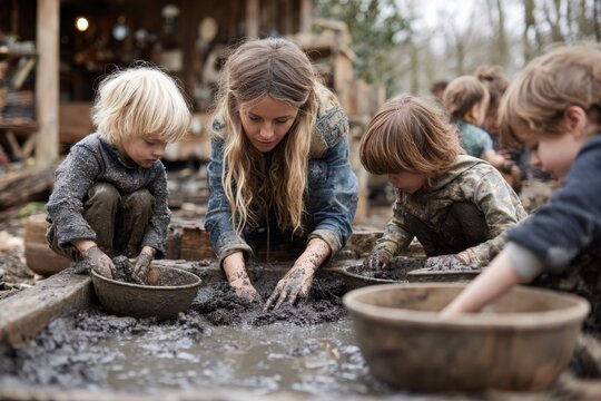Family with Kids Making Mud Pie Outdoor