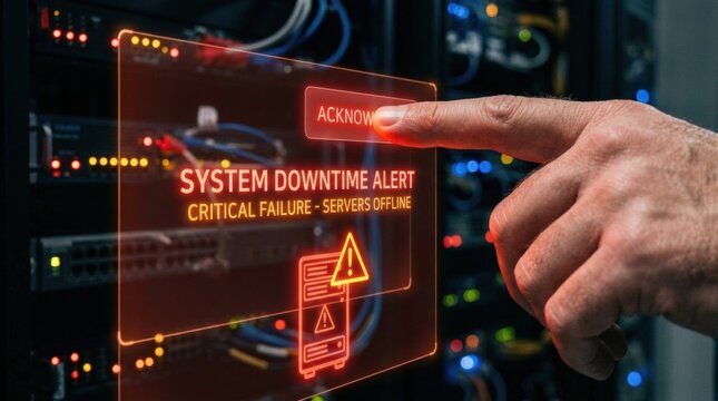 User acknowledges system downtime alert on a holographic screen during server maintenance in a data center environment.