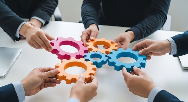 Team building gears puzzle hands together