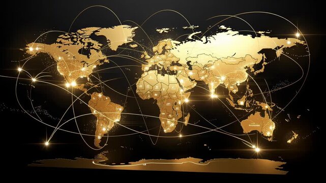 Global network connections world map in gold with illuminated cities and international communication lines