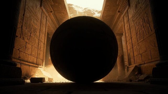 Ancient Egyptian temple interior with large rolling stone and hieroglyphic walls illuminated by sunlight