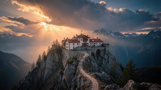 Scenic mountain lodge on rocky peak with dramatic sunset and alpine landscape view