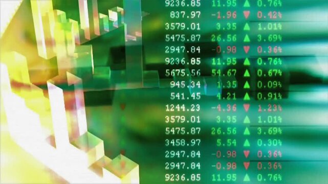 Global stock exchange display with dynamic data processing and glowing 3D pillars representing cryptocurrency or equity market success.
