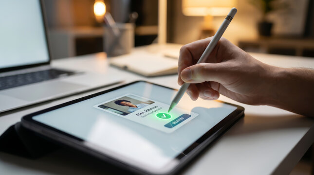 HR tech SaaS recruitment platform for corporate hiring showing a hand using a stylus on a tablet to approve a candidate profile during the digital talent acquisition and management process.