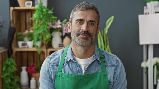 Man florist in green apron smiles while holding a bouquet of flowers in a studio setting behind wooden crate displays and potted plants; warmth.