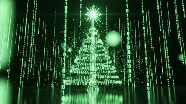 Digital Christmas tree with binary code symbolizing digital transformation and future innovation