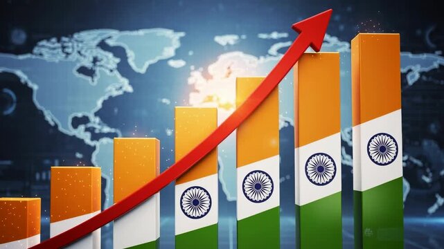 Rising economic growth and business success in India with upward trending bar chart and world map background