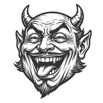 grinning devil face with horns, pointed ears, fangs, tongue, and sinister expression sketch engraving generative ai raster illustration. Scratch board imitation. Black and white image.