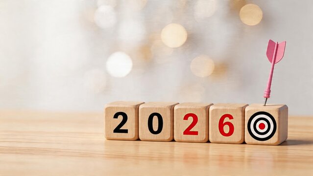 Business goal setting concept wooden blocks displaying the year two thousand twenty six with a target board on the last block and a pink dart hit the center mark successfully