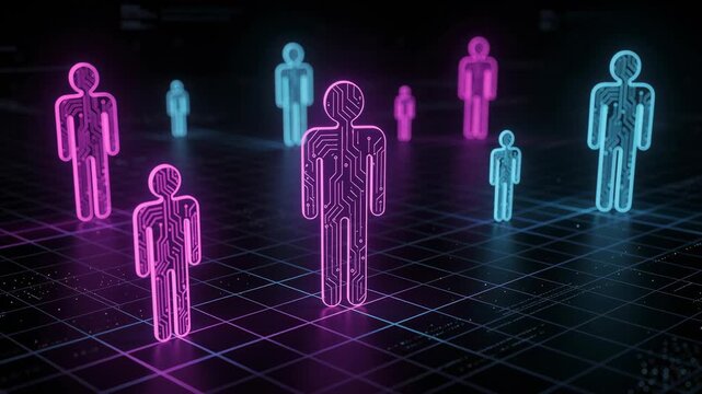 Digital neon human icons with circuit patterns glowing in futuristic technology network concept