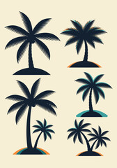 Fototapeta premium Vintage Tropical Palm Tree Silhouettes Set, Retro Island Graphics with Color Accents for Summer Travel Design