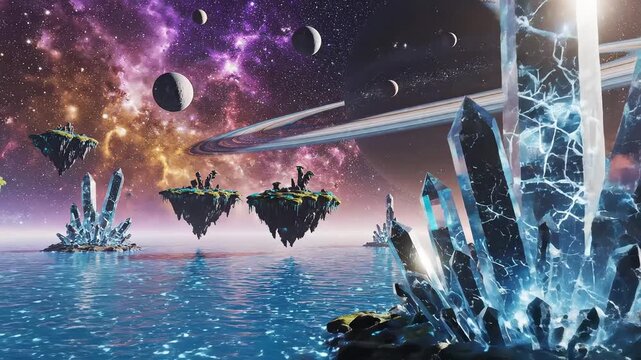 Futuristic alien landscape with floating islands perfect for scenic backgrounds and natural storytelling
