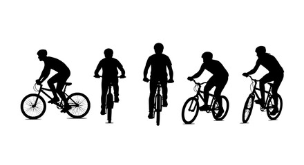 Obraz premium Bicyclists riding set with dynamic poses and mountain bikes featuring cycling, silhouette, black with white and sport elements for outdoor, activity