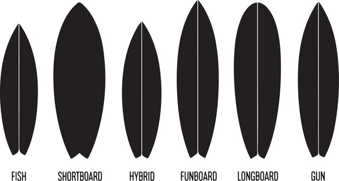 Set of black silhouettes of surfboards, vector illustration