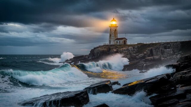 Dramatic coastal scene with waves crashing on rocks and a glowing lighthouse under stormy skies