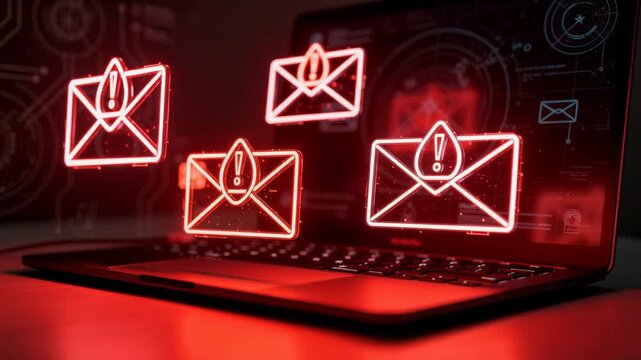 Cybersecurity warning with multiple email alert icons on laptop screen representing digital threats and hacking