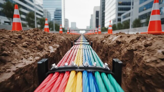 Colorful cables in a trench symbolizing infrastructure development and hard work