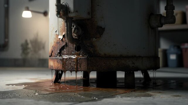 Old rusty leaking water heater with water damage and dripping liquid on concrete floor in dimly lit room