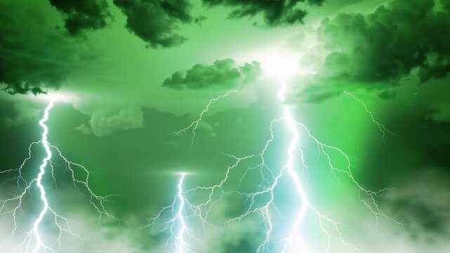 Powerful lightning storm with vibrant green sky and dramatic cloud formations during intense weather