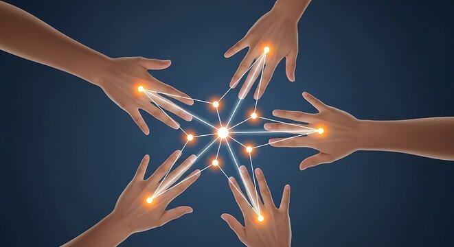 Hands joining together in a glowing network