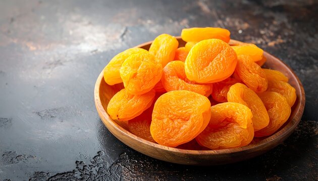 Dried apricots in a wooden bowl.
