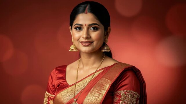 Smiling Indian woman in traditional red saree with gold jewelry and festive makeup against warm background