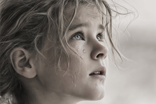 girl with tearfilled eyes and trembling lips stands against clean monochromatic background