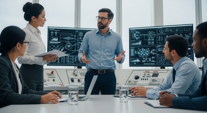 A professional engineer leads a technology meeting, explaining complex diagrams on screens to his team.