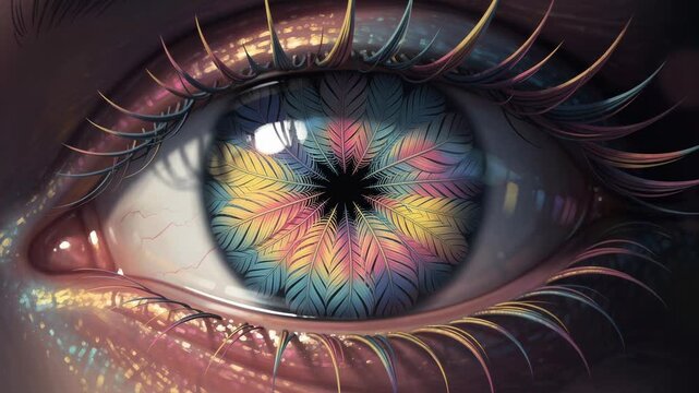 Close up of an artistic eye with colorful feather pattern iris and detailed eyelashes in vibrant light