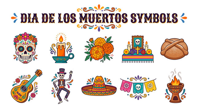 Dia de los Muertos Symbols with Sugar Skull Marigold Altar Guitar Sombrero and Candle
