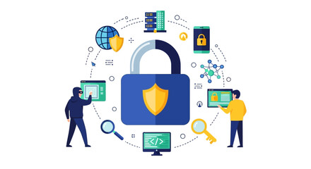 Cybersecurity concept with digital lock and network security elements. © vixion