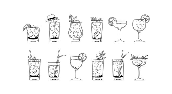 Glasses cocktail set with hand-drawn line art, citrus garnish, ice cubes and drink straws for cafe menus
