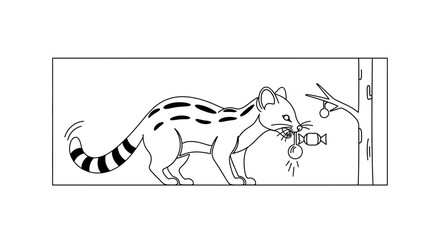Fototapeta premium Cute Genet Cat Eating Fruit from Tree Branch in Line Art Style