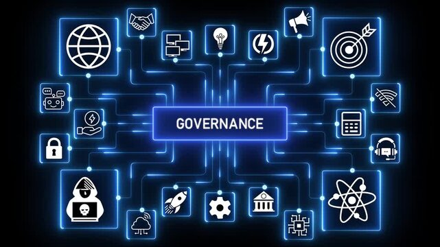 Digital governance concept depicting processes and key elements for corporate management,4K black background visuals.4k Animation.
