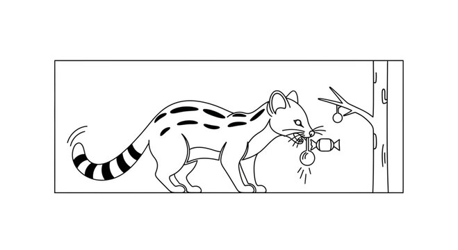 Cute Genet Cat Eating Fruit from Tree Branch in Line Art Style