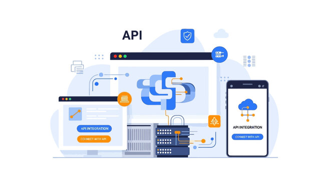 API Integration and Cloud Computing Services Illustration.