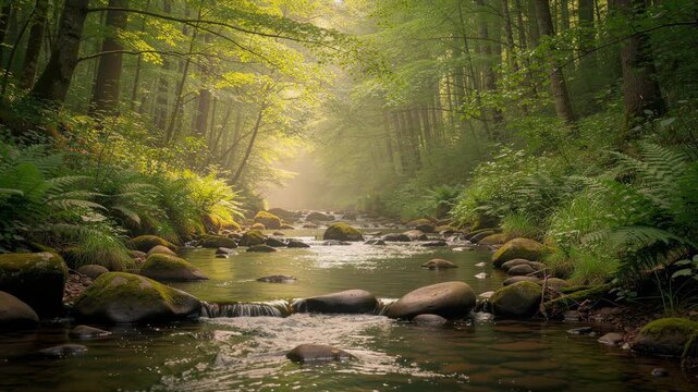 Peaceful forest stream with mossy rocks and sunlight filtering through green trees in a serene natural landscape