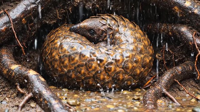 Pangolin curled up in rain, protected by scales, nature wildlife