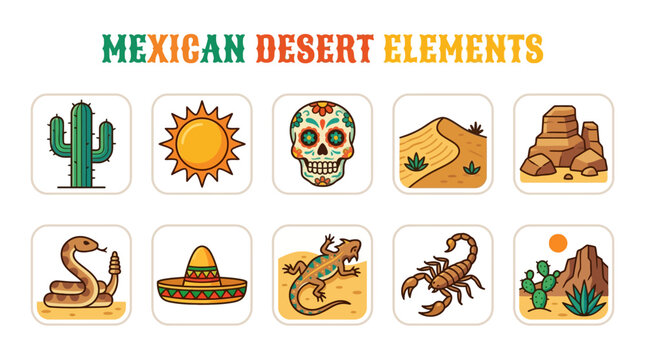 Mexican Desert Symbols with Cactus Sun Skull Dune Rock Snake Sombrero Lizard and Scorpion