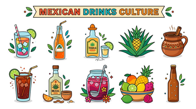Mexican Drinks Culture with Tequila Mezcal Agua Fresca Clay Mug and Tropical Fruit