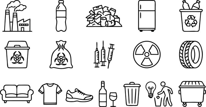 Black and white waste management icon set featuring recycling symbols industrial pollution garbage bins and hazardous waste.