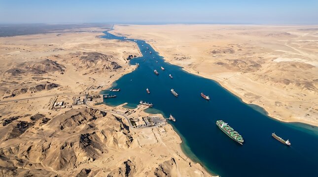 Aerial view of busy Suez Canal with numerous large cargo ships navigating through barren desert landscape under clear blue sky, global trade artery.