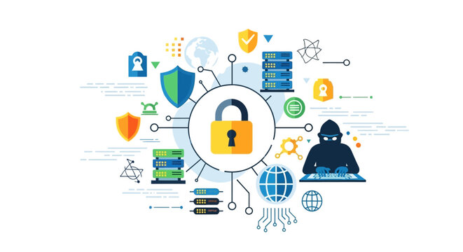 Cybersecurity concept with padlock and hacker illustration.
