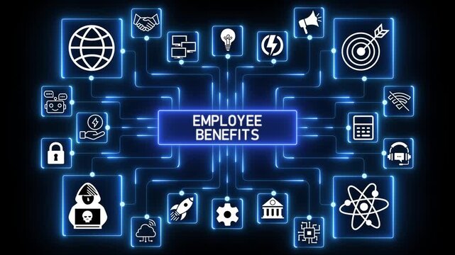 Employee benefits framework highlighting compensation value, wellbeing support and incentive structures across a digitally connected.4k Animation.