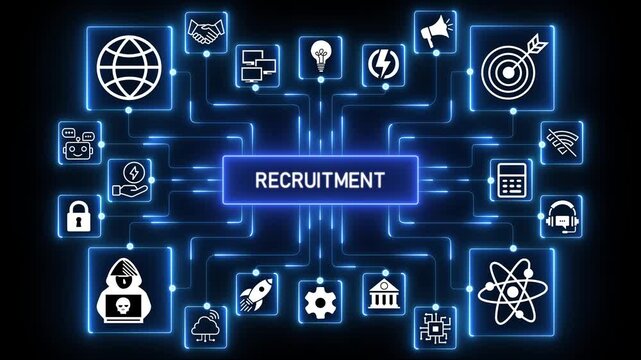 Recruitment job staffing enrollment for hire contract recruiting company occupation work blue words tag cloud text animation..