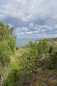 Scenic coastal cliff landscape at &Uuml;&uuml;gu Bluff (&Uuml;&uuml;gu pank) on the island of Muhu in cloudy summer weather, Estonia, Europe.