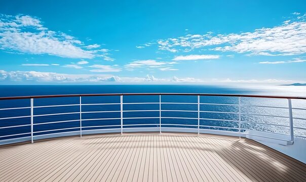 Cruise ship deck railing overlooking blue ocean and sky with clouds.