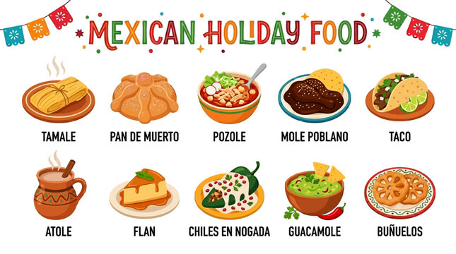 Mexican Holiday Food Dishes with Tamale Pozole Mole Taco and Desserts
