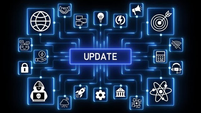 Digital glow update. Abstract digital design with the word update and futuristic connection. Update animation with digital futuristic neon glow and abstract network.